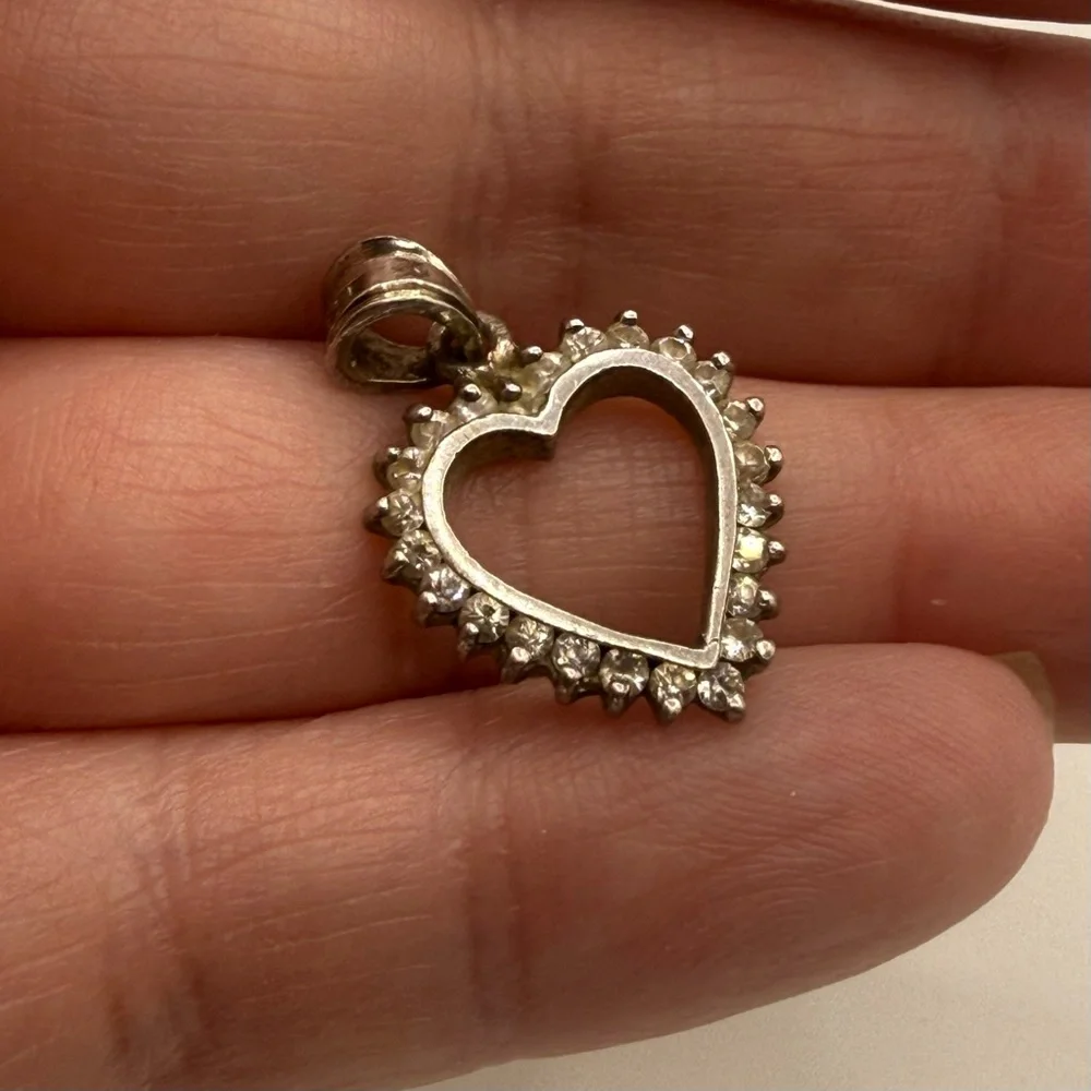 Vintage Sterling Silver Rhinestone‎ Heart Pendant